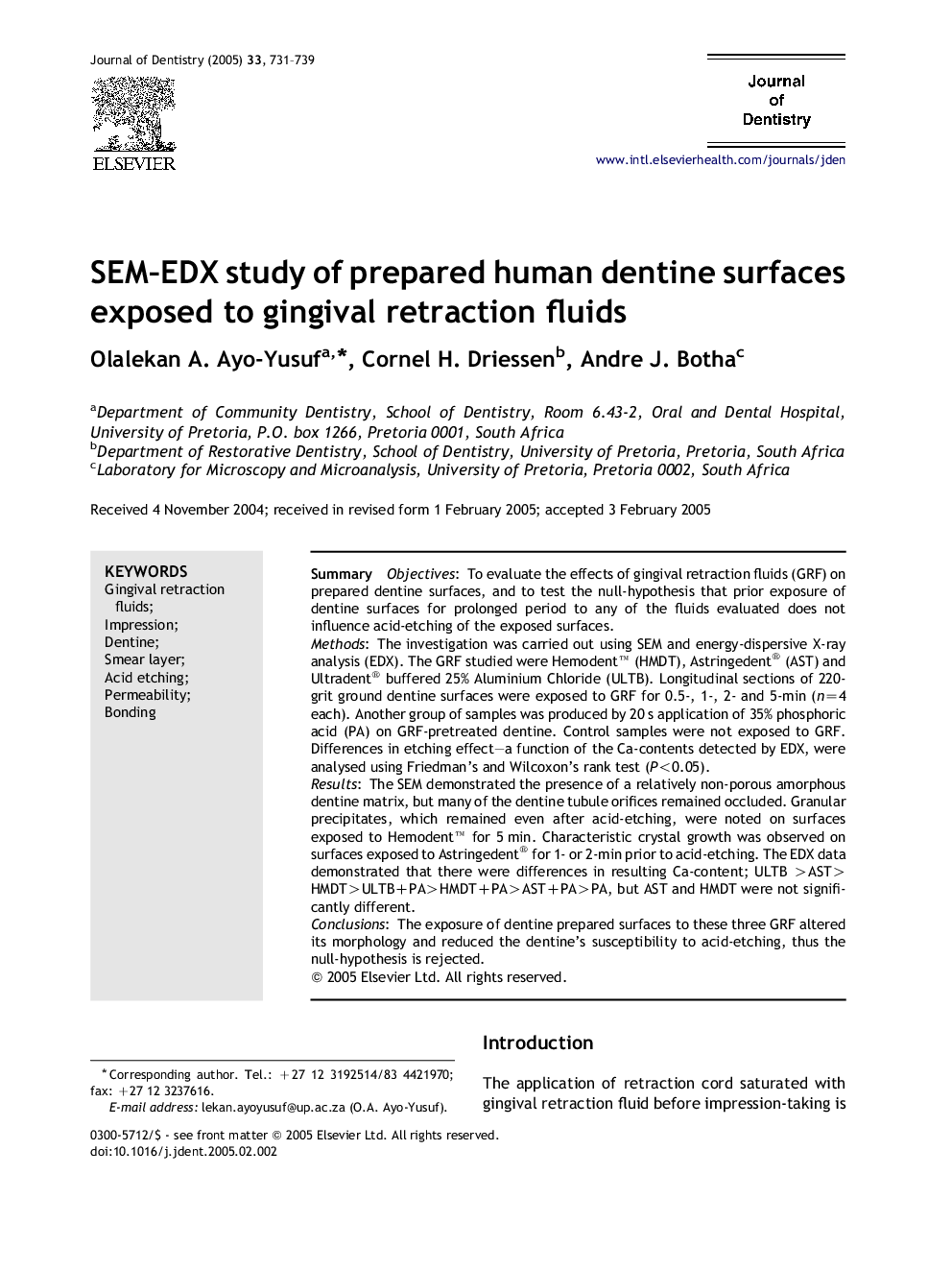 SEM-EDX study of prepared human dentine surfaces exposed to gingival retraction fluids