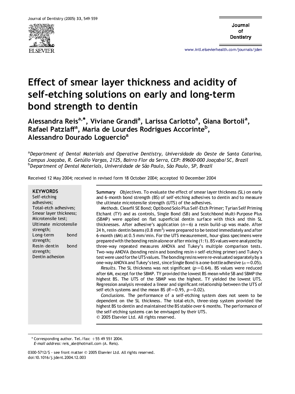Effect of smear layer thickness and acidity of self-etching solutions on early and long-term bond strength to dentin
