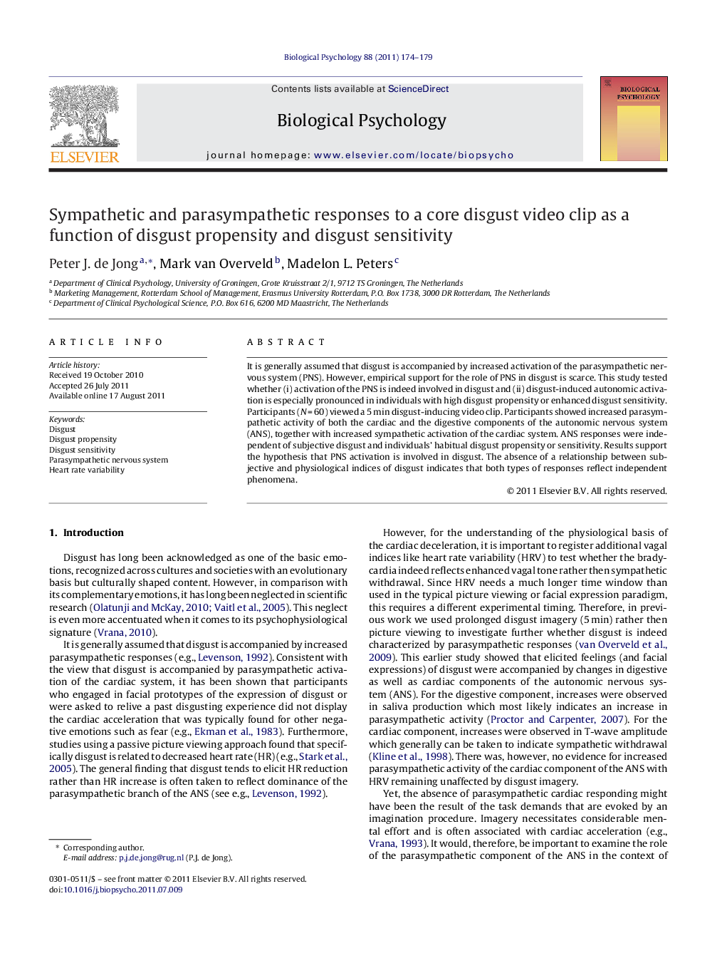 Sympathetic and parasympathetic responses to a core disgust video clip as a function of disgust propensity and disgust sensitivity