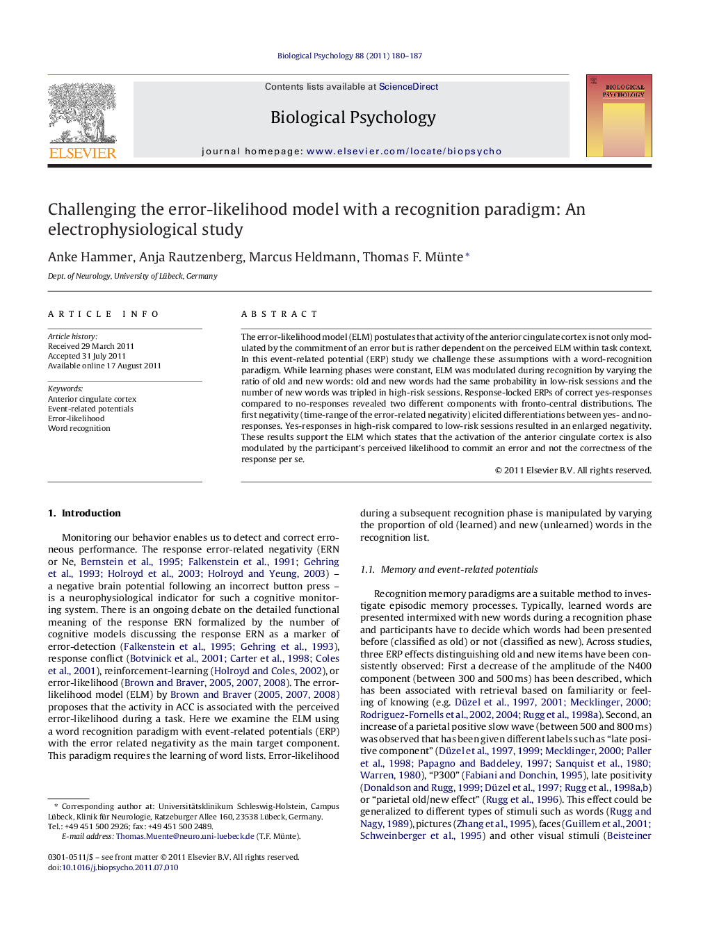 Challenging the error-likelihood model with a recognition paradigm: An electrophysiological study