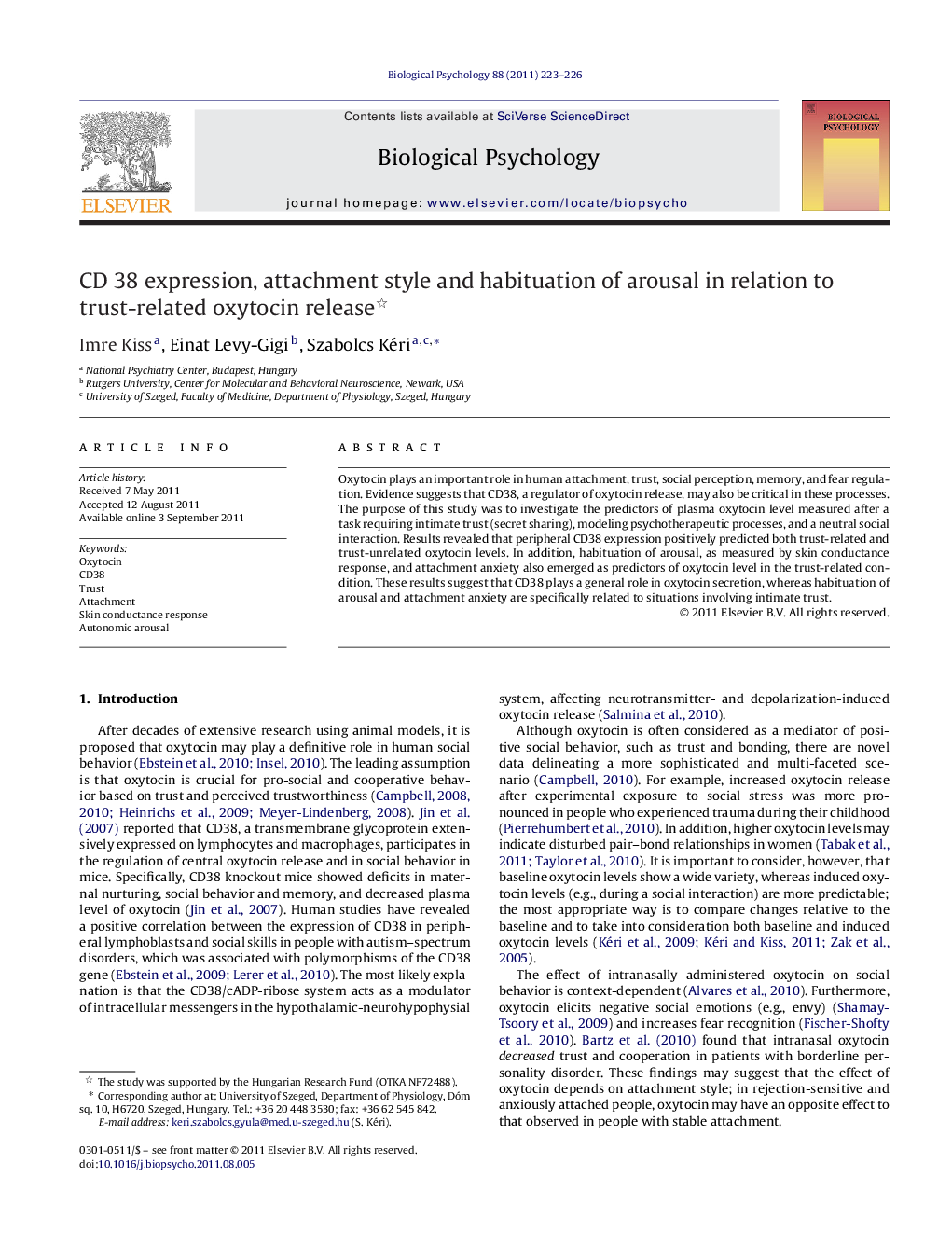 CD 38 expression, attachment style and habituation of arousal in relation to trust-related oxytocin release 