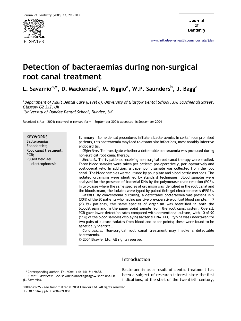 Detection of bacteraemias during non-surgicalroot canal treatment