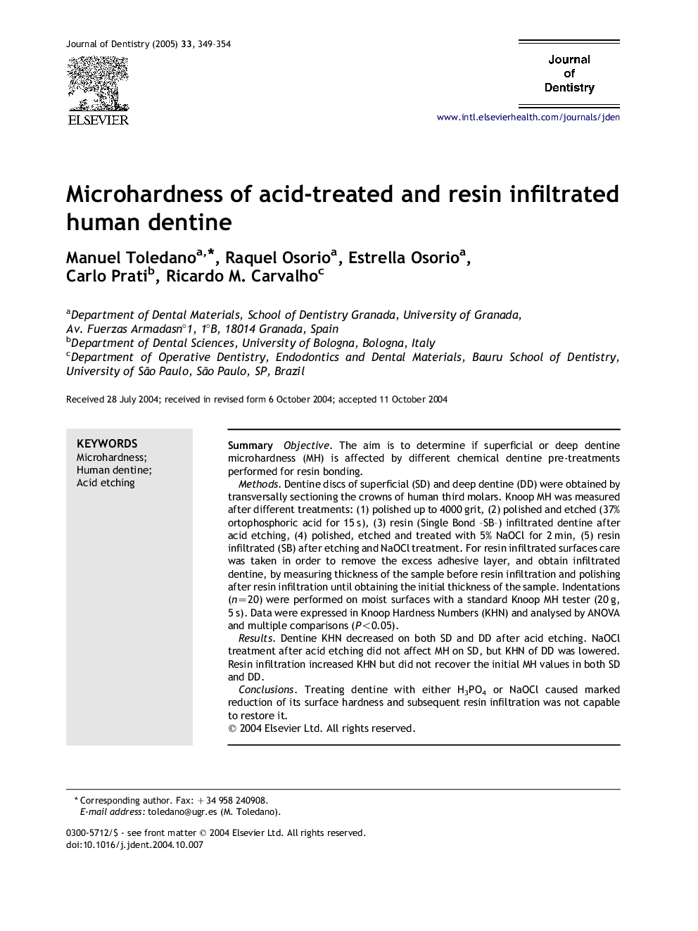 Microhardness of acid-treated and resin infiltrated human dentine