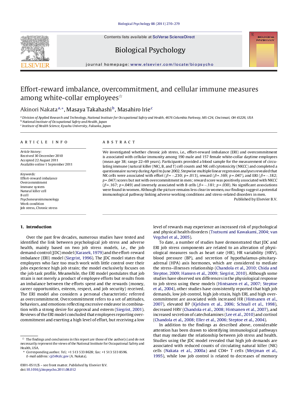 Effort-reward imbalance, overcommitment, and cellular immune measures among white-collar employees 