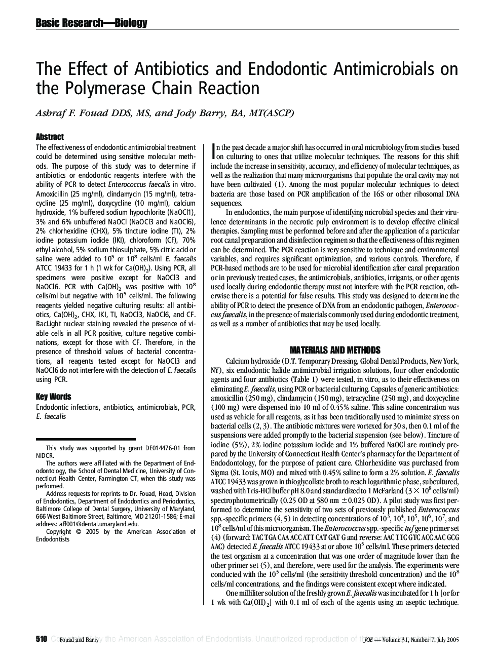 The Effect of Antibiotics and Endodontic Antimicrobials on the Polymerase Chain Reaction