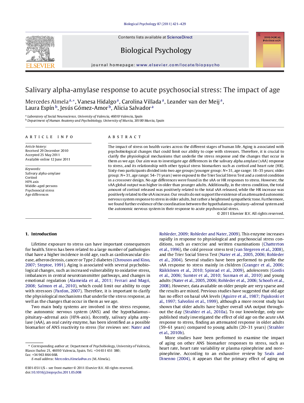 عکس صفحه اول مقاله: Salivary alpha-amylase response to acute psychosocial stress: The impact of age Salivary alpha-amylase response to acute psychosocial stress: The impact of age