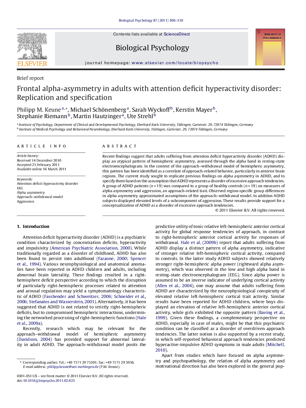 Frontal alpha-asymmetry in adults with attention deficit hyperactivity disorder: Replication and specification