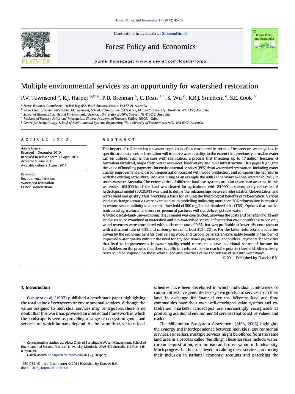 Multiple environmental services as an opportunity for watershed restoration