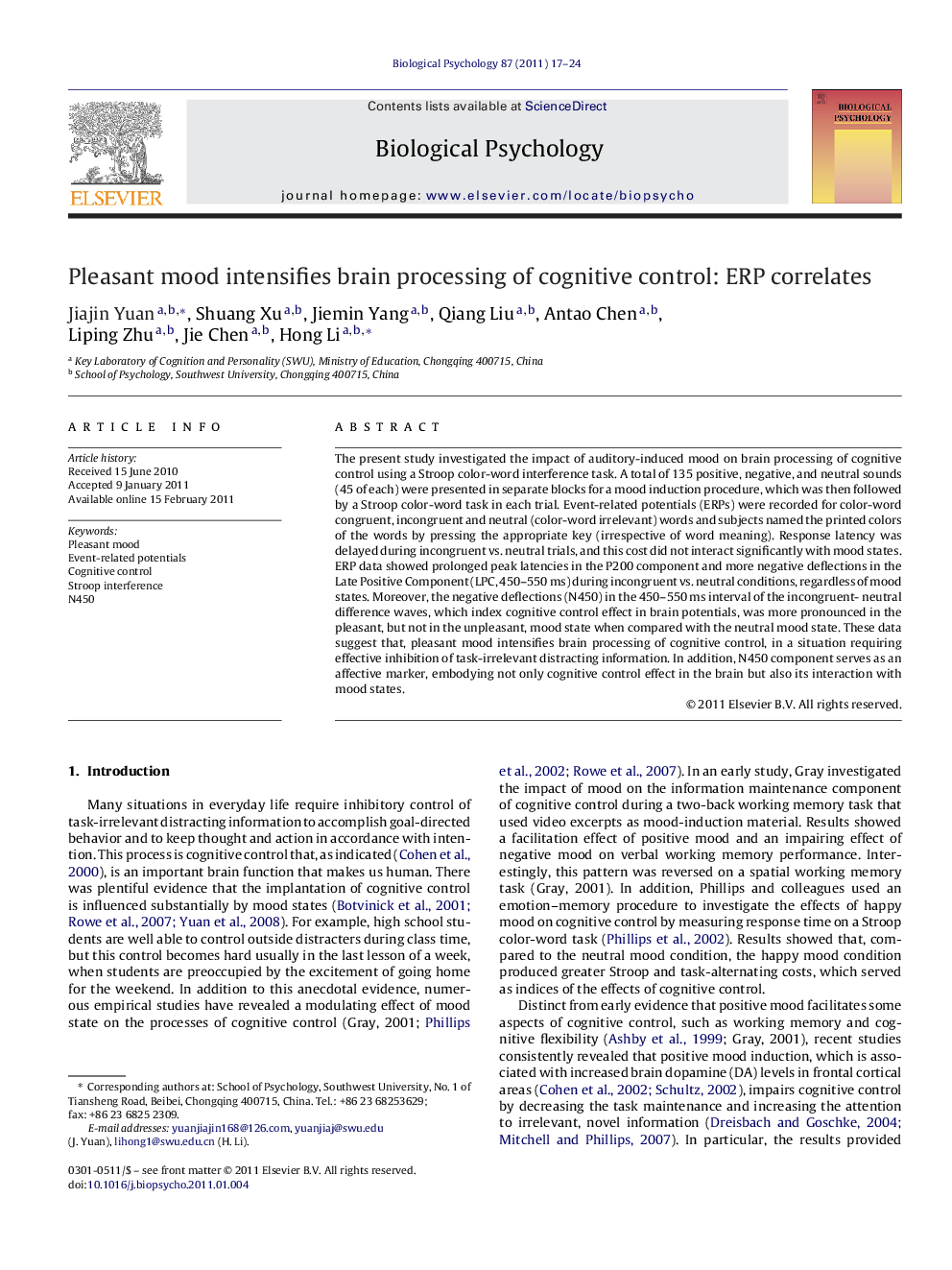 Pleasant mood intensifies brain processing of cognitive control: ERP correlates