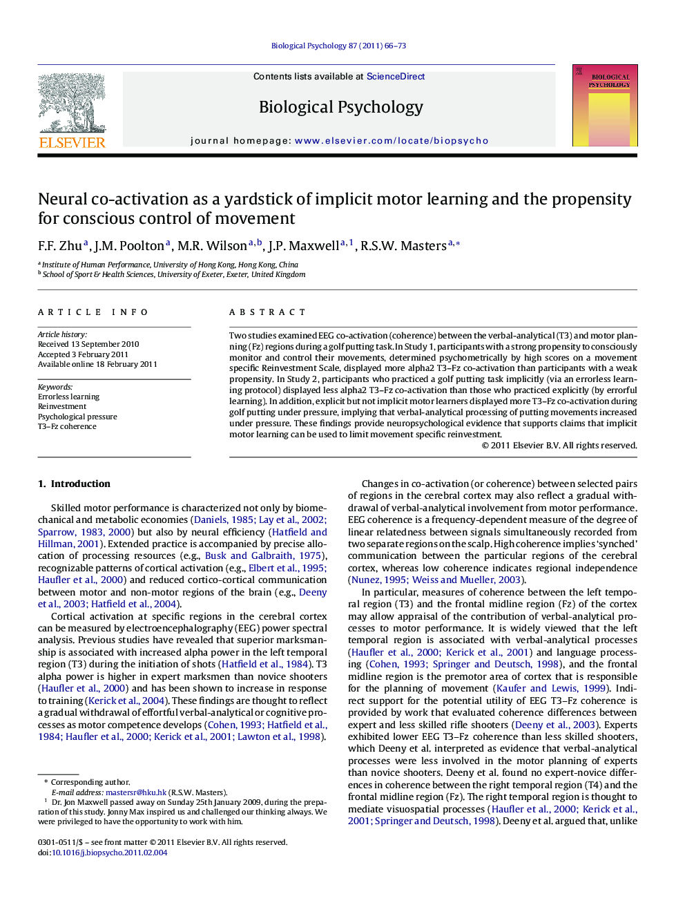 Neural co-activation as a yardstick of implicit motor learning and the propensity for conscious control of movement