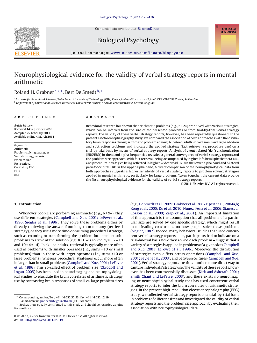 Neurophysiological evidence for the validity of verbal strategy reports in mental arithmetic