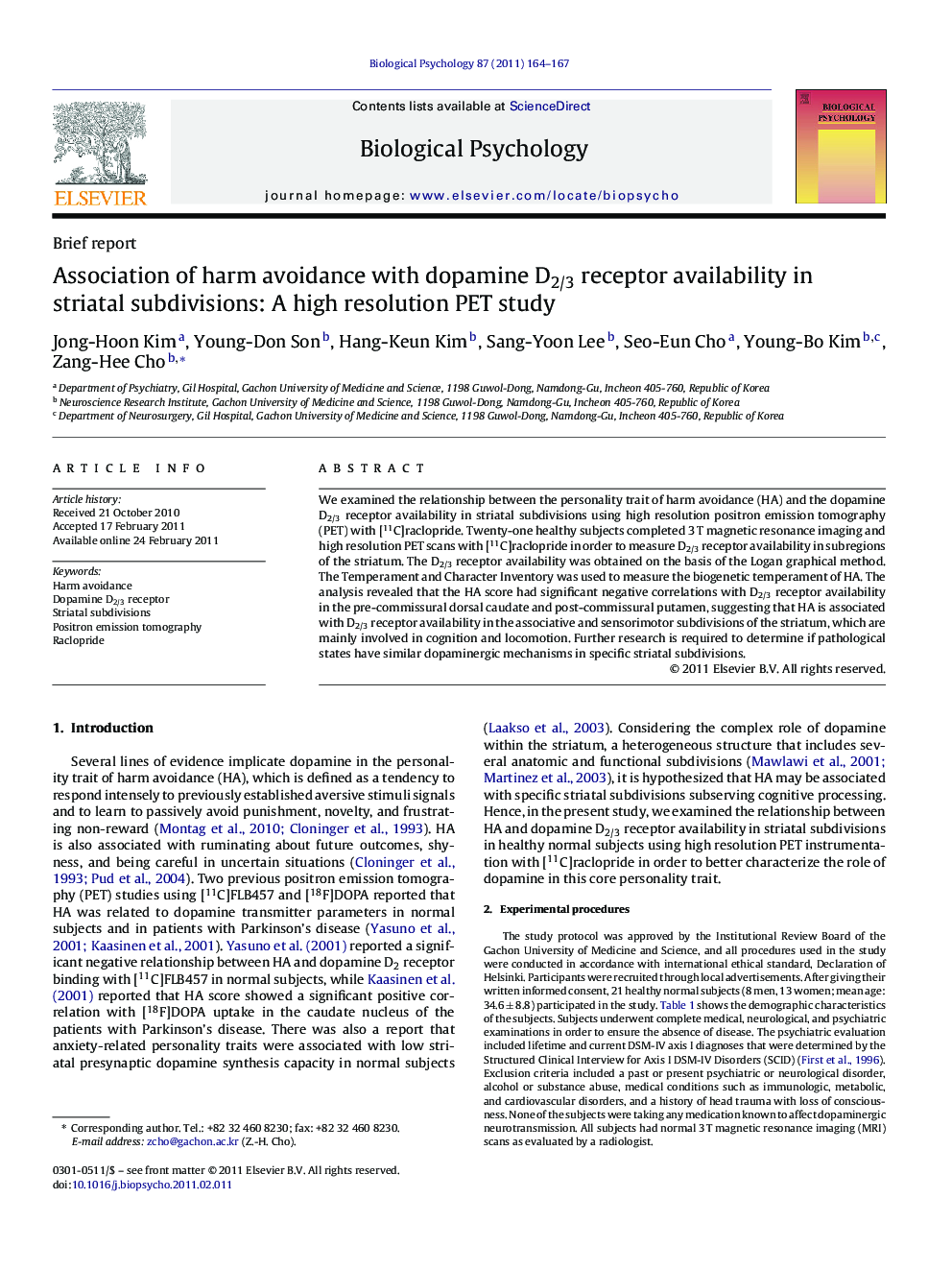 Association of harm avoidance with dopamine D2/3 receptor availability in striatal subdivisions: A high resolution PET study