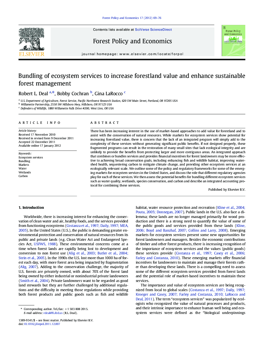 Bundling of ecosystem services to increase forestland value and enhance sustainable forest management