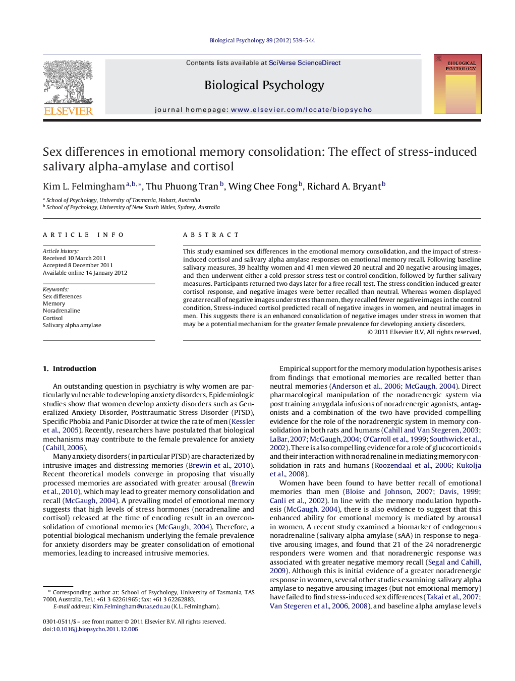 Sex differences in emotional memory consolidation: The effect of stress-induced salivary alpha-amylase and cortisol