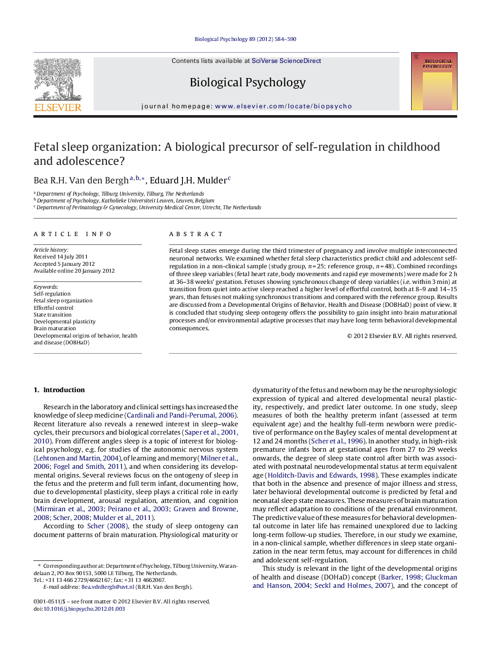 Fetal sleep organization: A biological precursor of self-regulation in childhood and adolescence?