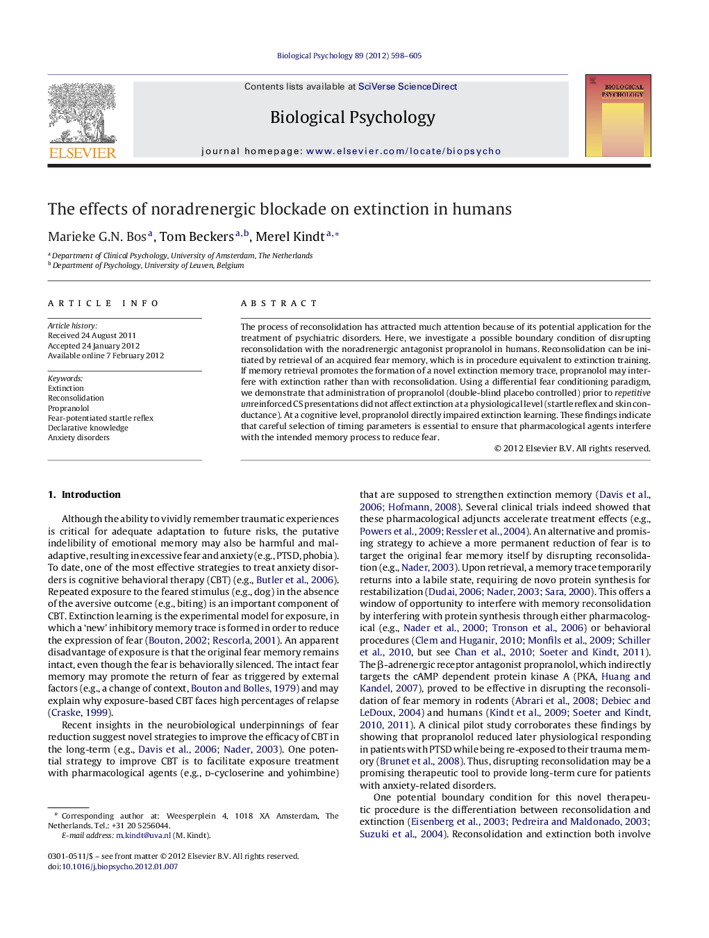 عکس صفحه اول مقاله: The effects of noradrenergic blockade on extinction in humans The effects of noradrenergic blockade on extinction in humans
