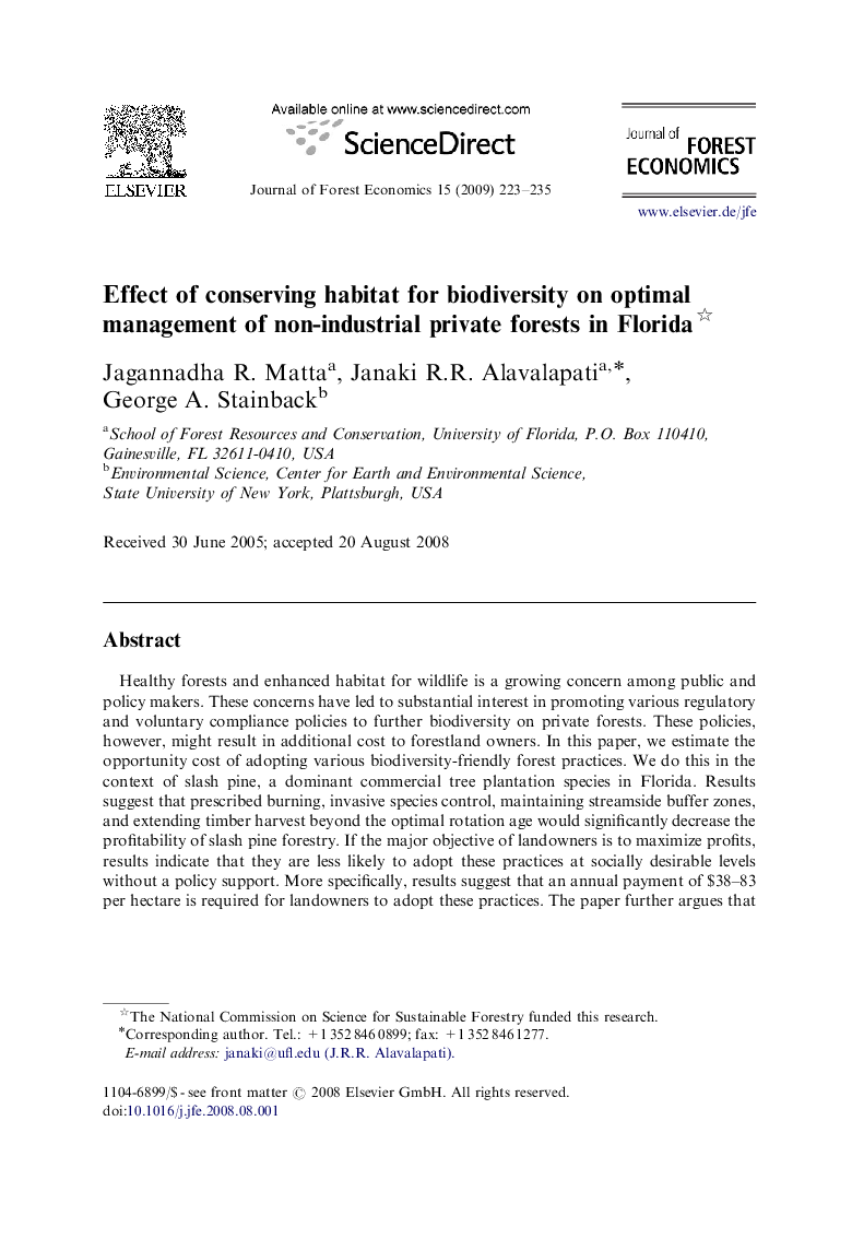 Effect of conserving habitat for biodiversity on optimal management of non-industrial private forests in Florida 