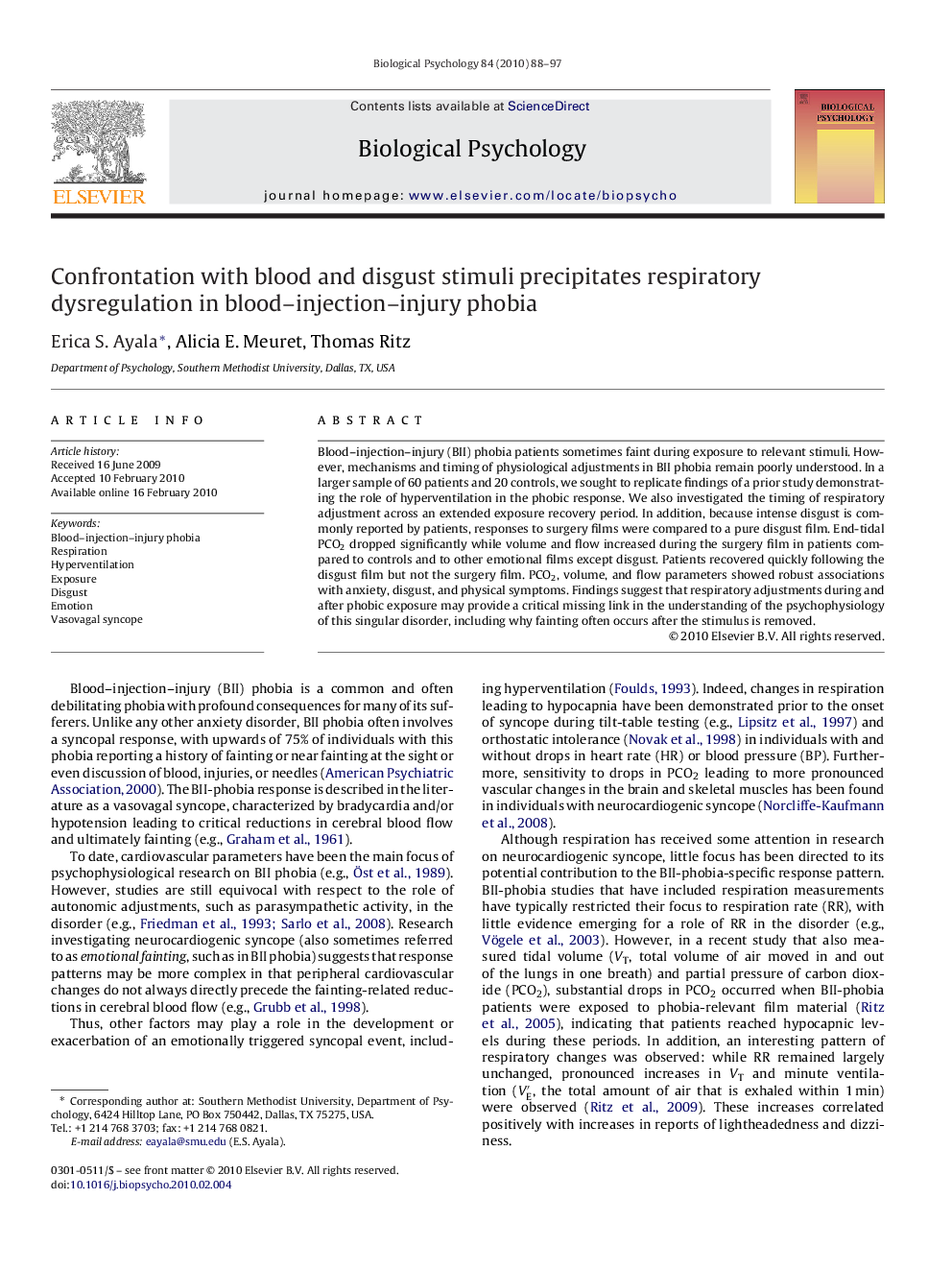 Confrontation with blood and disgust stimuli precipitates respiratory dysregulation in blood–injection–injury phobia