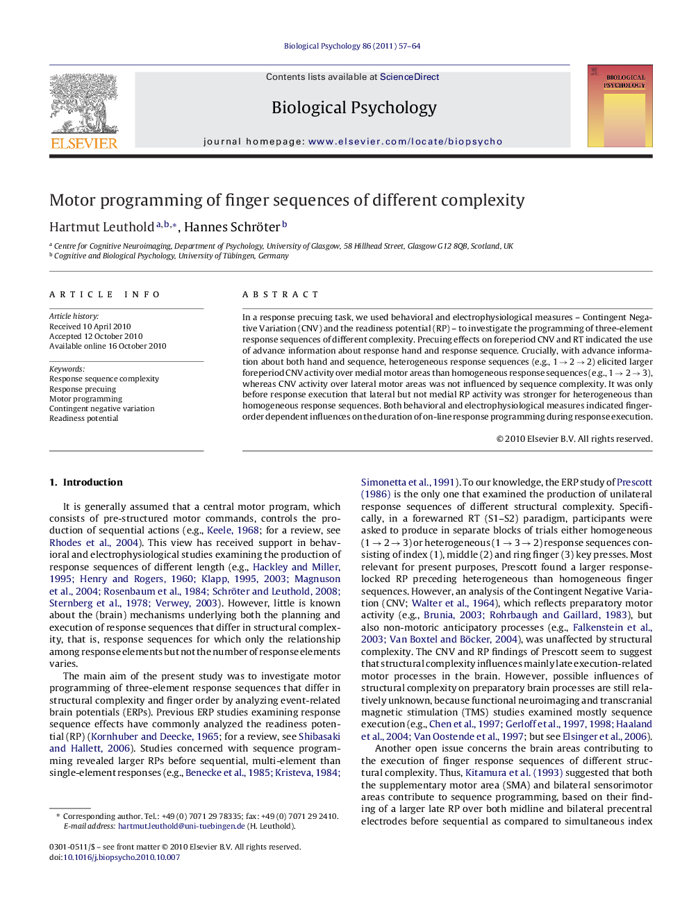 Motor programming of finger sequences of different complexity