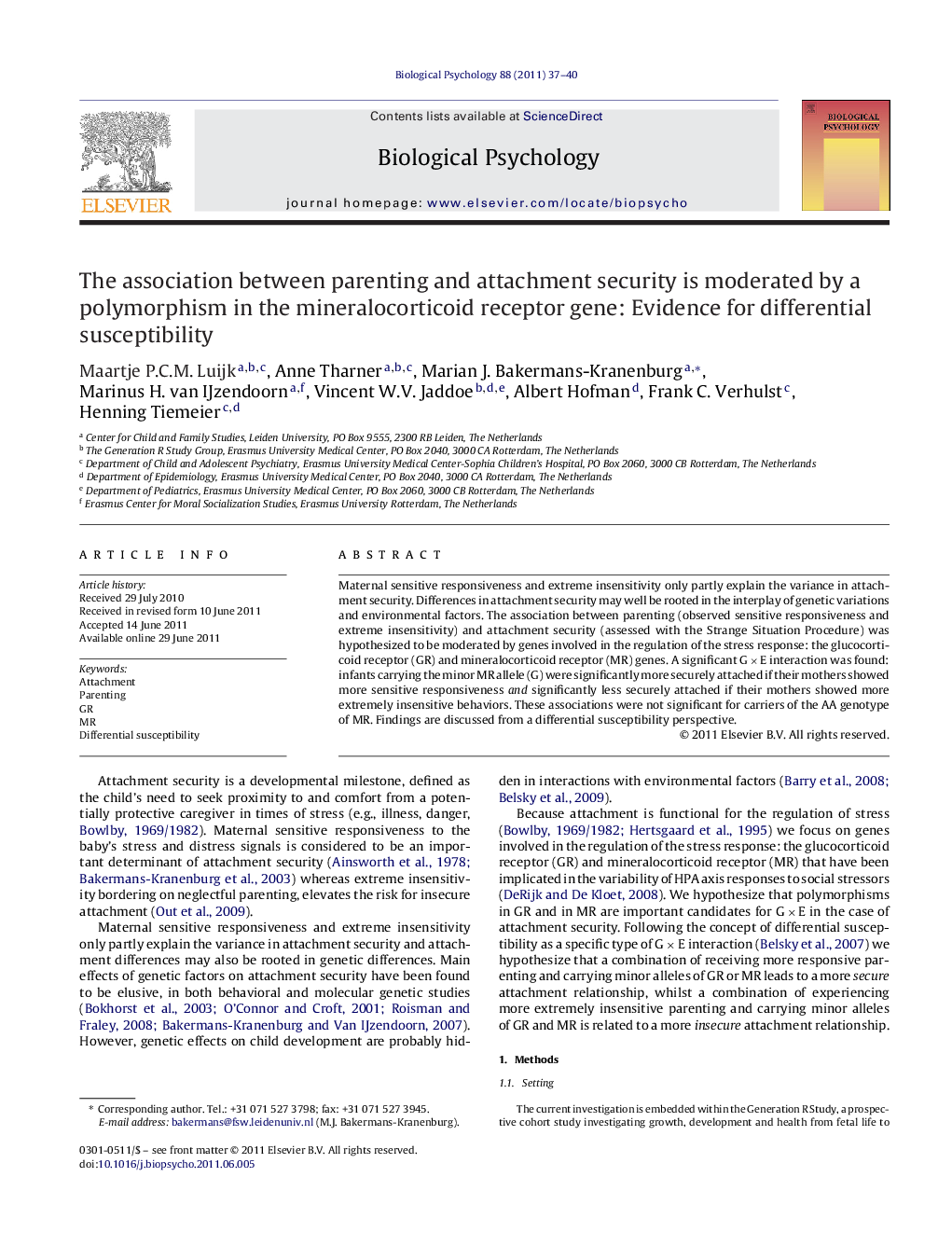 The association between parenting and attachment security is moderated by a polymorphism in the mineralocorticoid receptor gene: Evidence for differential susceptibility