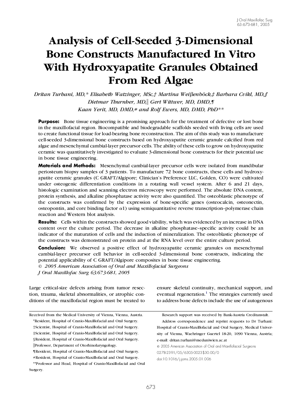 Analysis of Cell-Seeded 3-Dimensional Bone Constructs Manufactured In Vitro With Hydroxyapatite Granules Obtained From Red Algae