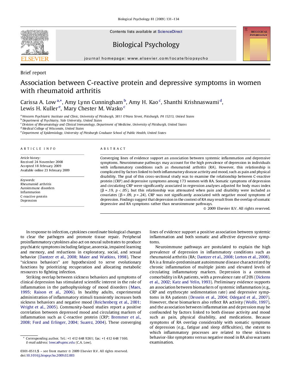 Association between C-reactive protein and depressive symptoms in women with rheumatoid arthritis