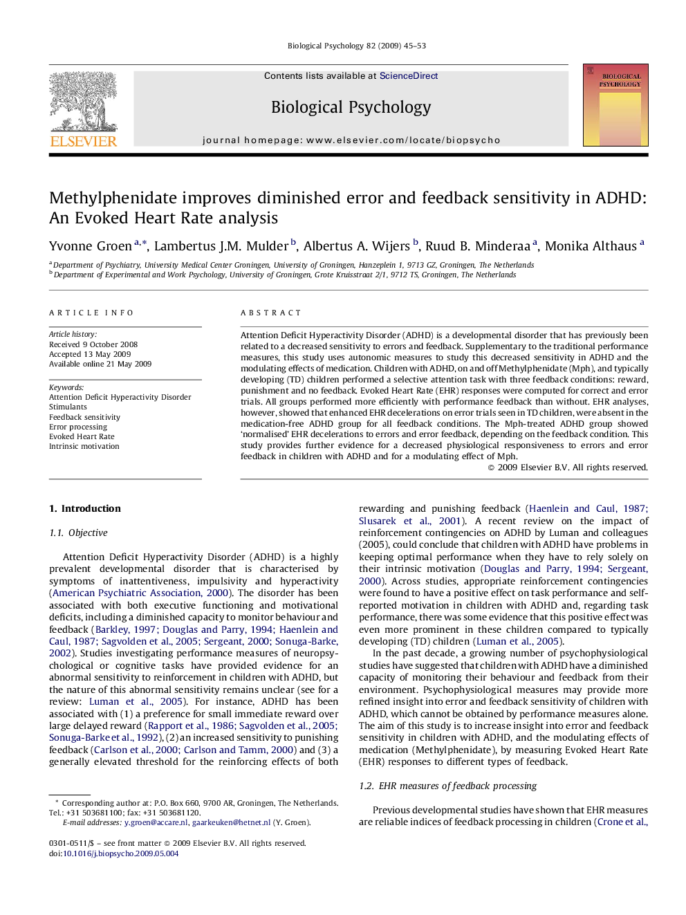 Methylphenidate improves diminished error and feedback sensitivity in ADHD: An Evoked Heart Rate analysis
