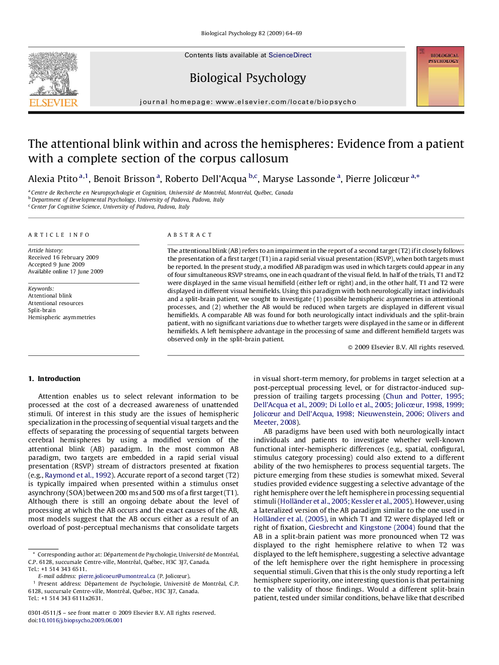 The attentional blink within and across the hemispheres: Evidence from a patient with a complete section of the corpus callosum