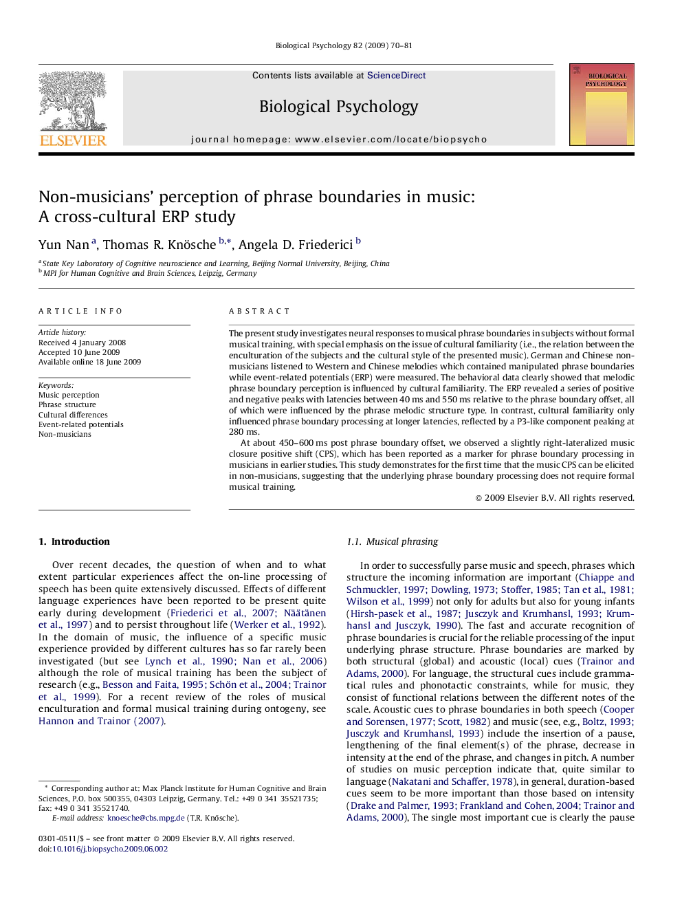 Non-musicians’ perception of phrase boundaries in music: A cross-cultural ERP study