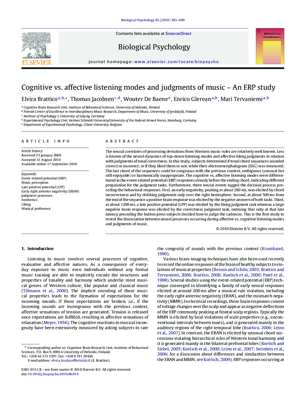 Cognitive vs. affective listening modes and judgments of music – An ERP study