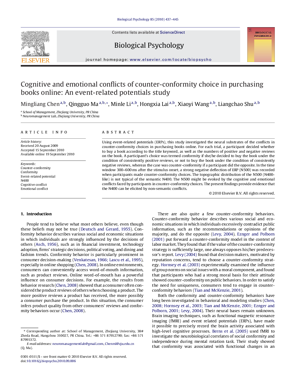 Cognitive and emotional conflicts of counter-conformity choice in purchasing books online: An event-related potentials study