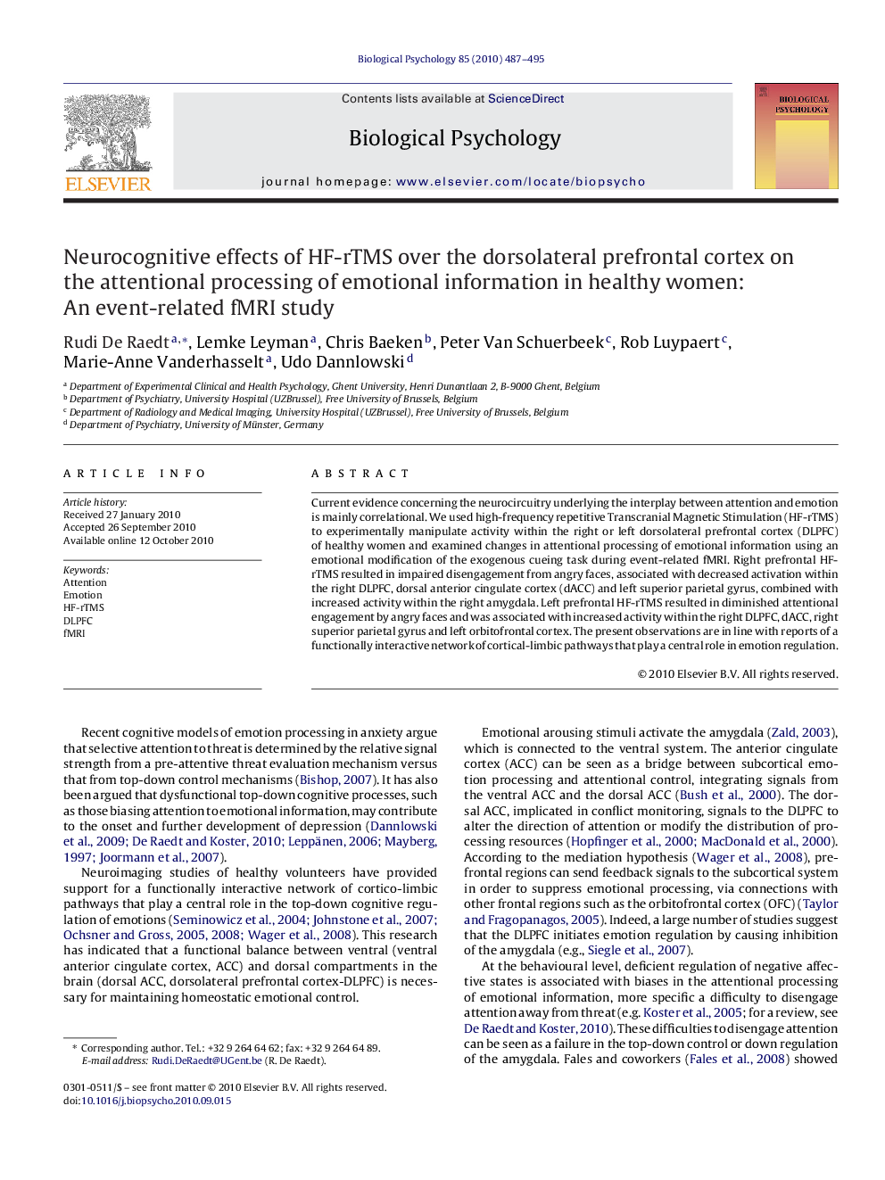 Neurocognitive effects of HF-rTMS over the dorsolateral prefrontal cortex on the attentional processing of emotional information in healthy women: An event-related fMRI study