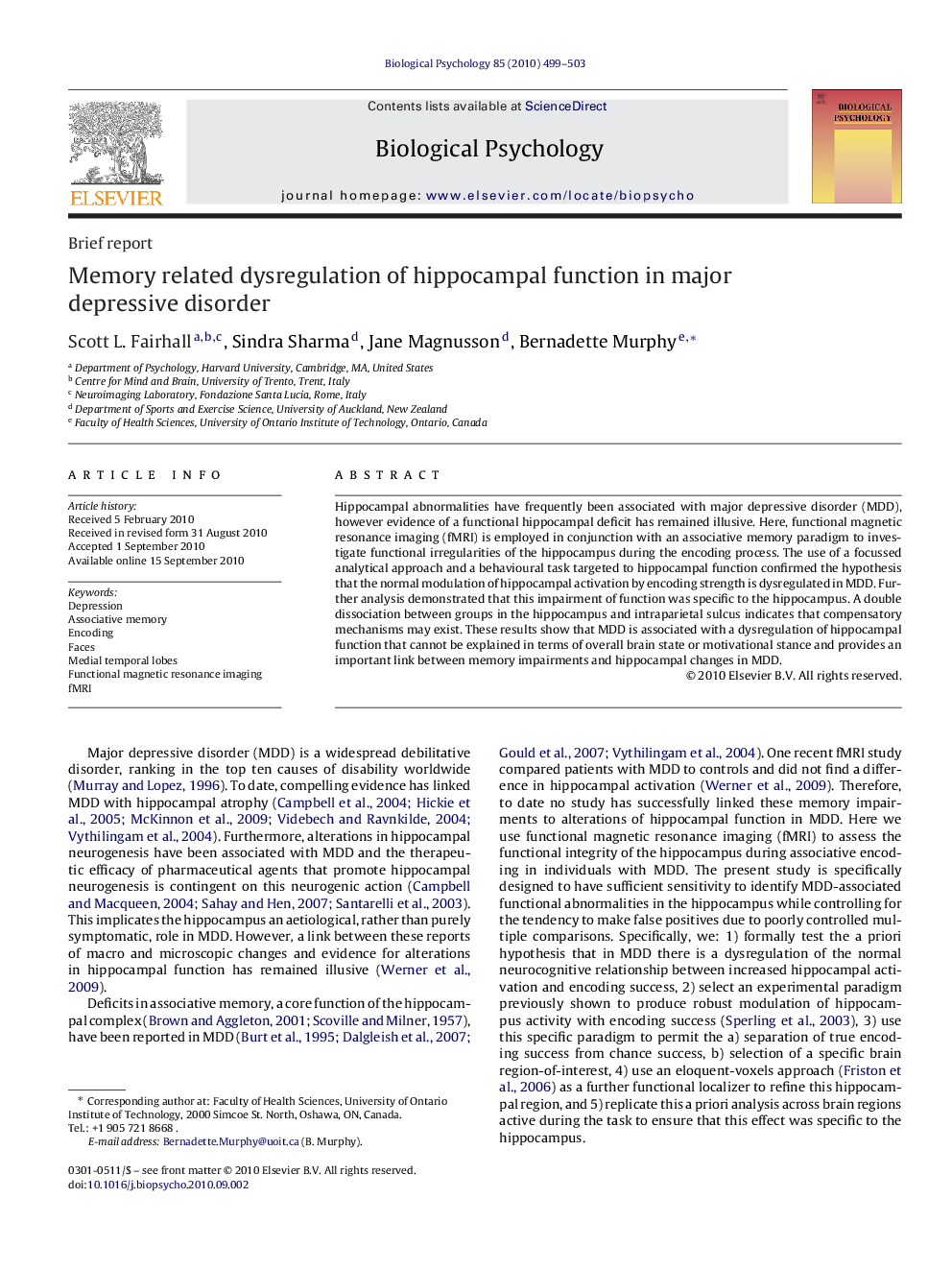 Memory related dysregulation of hippocampal function in major depressive disorder