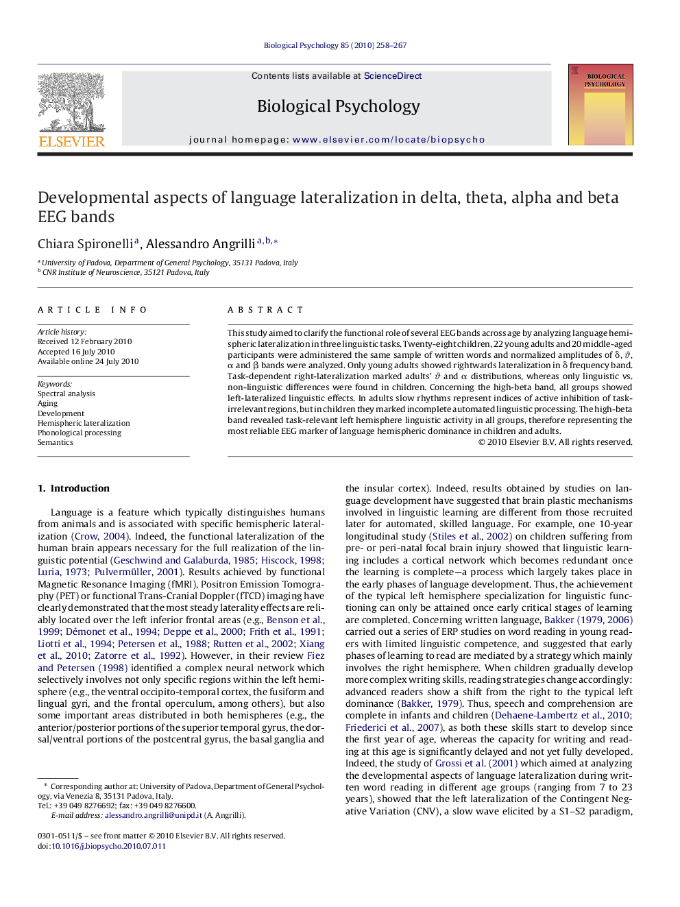 Developmental aspects of language lateralization in delta, theta, alpha and beta EEG bands