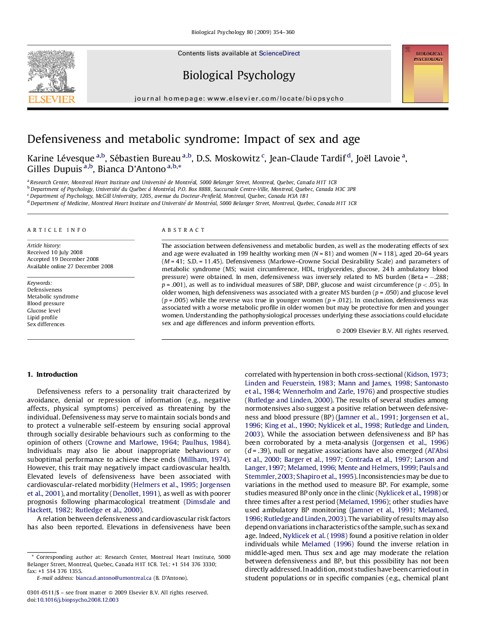 Defensiveness and metabolic syndrome: Impact of sex and age