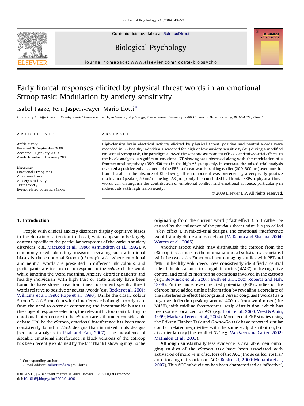 Early frontal responses elicited by physical threat words in an emotional Stroop task: Modulation by anxiety sensitivity