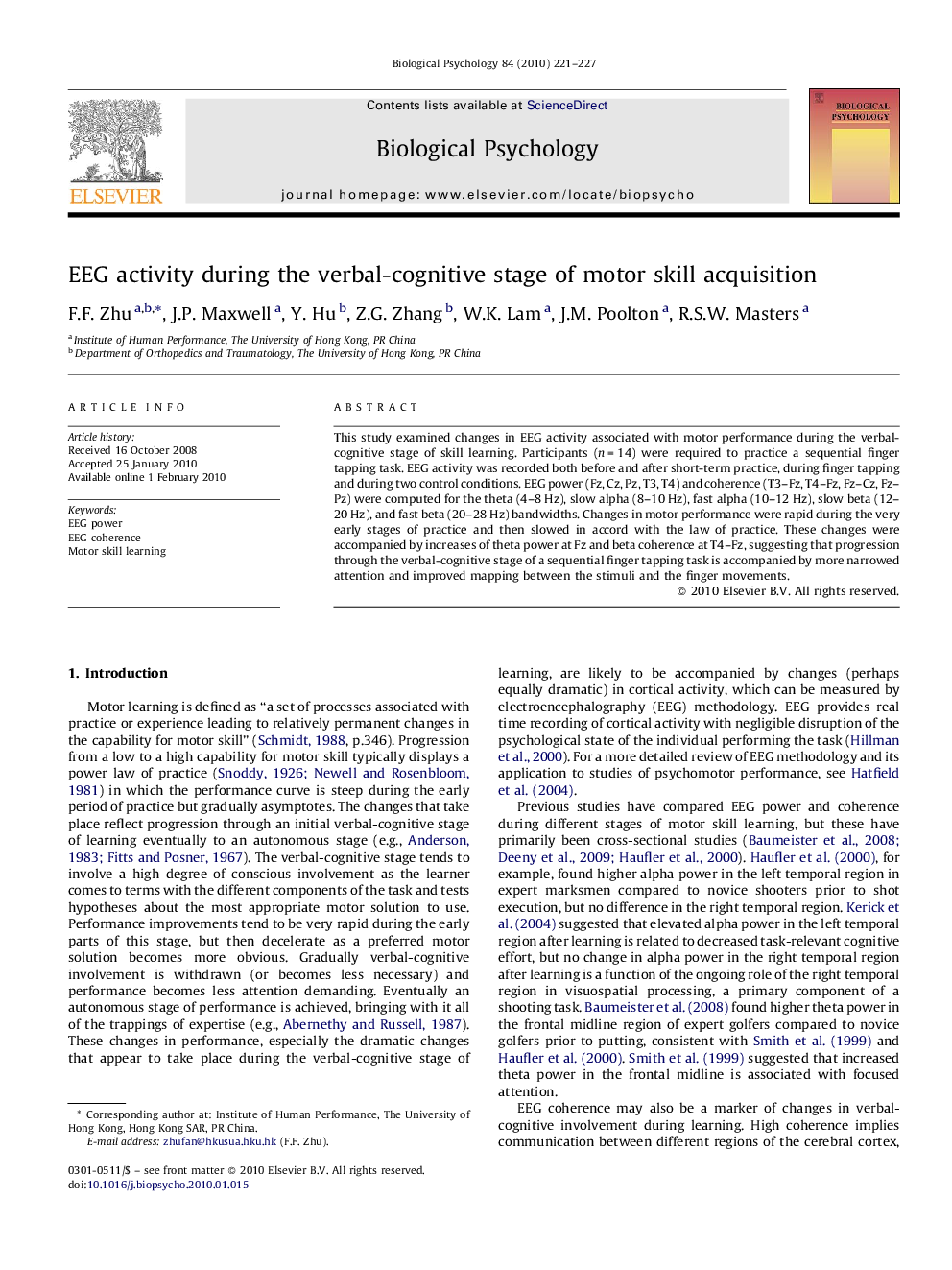 EEG activity during the verbal-cognitive stage of motor skill acquisition