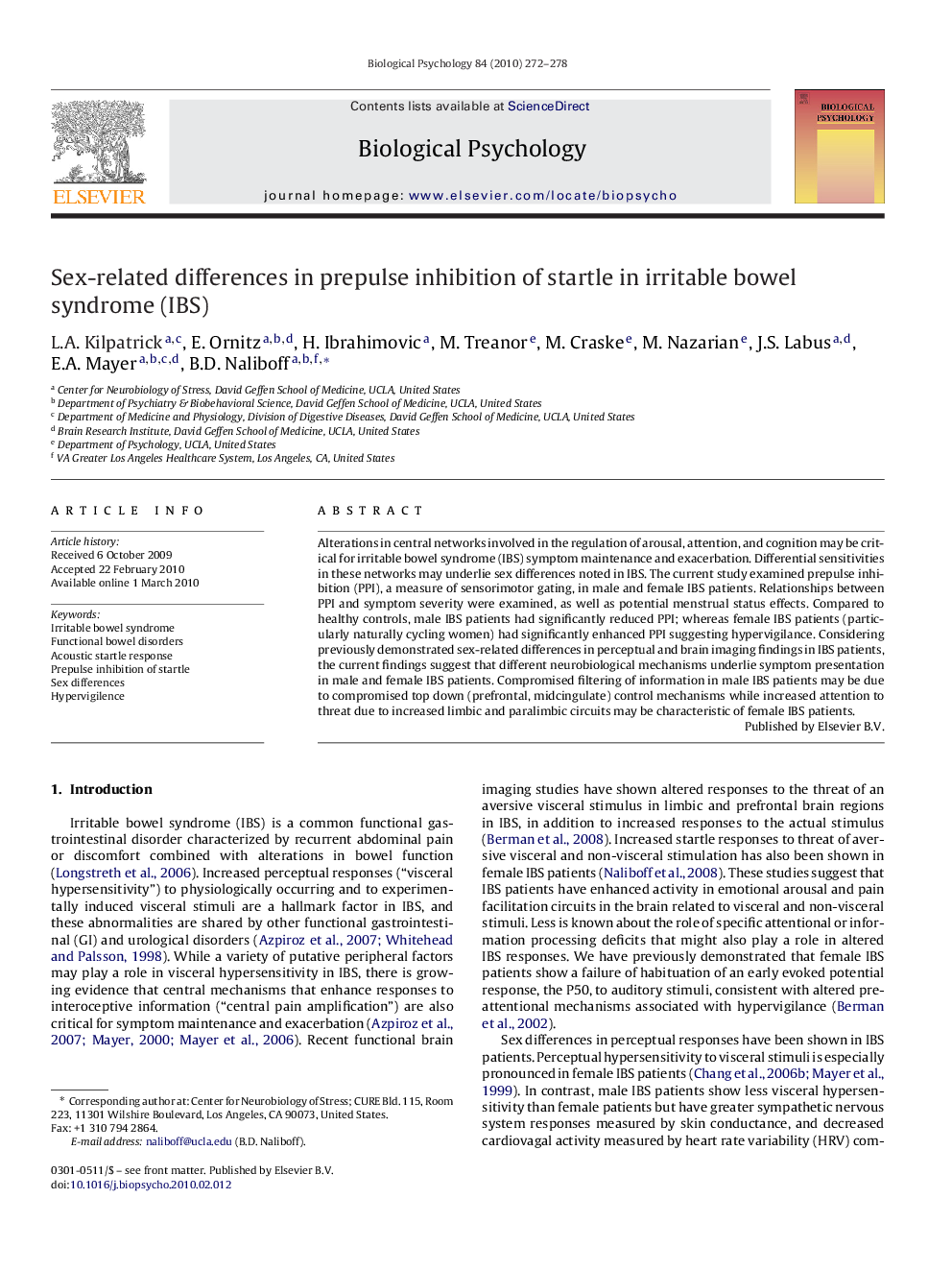 Sex-related differences in prepulse inhibition of startle in irritable bowel syndrome (IBS)