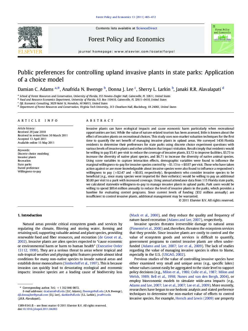 Public preferences for controlling upland invasive plants in state parks: Application of a choice model