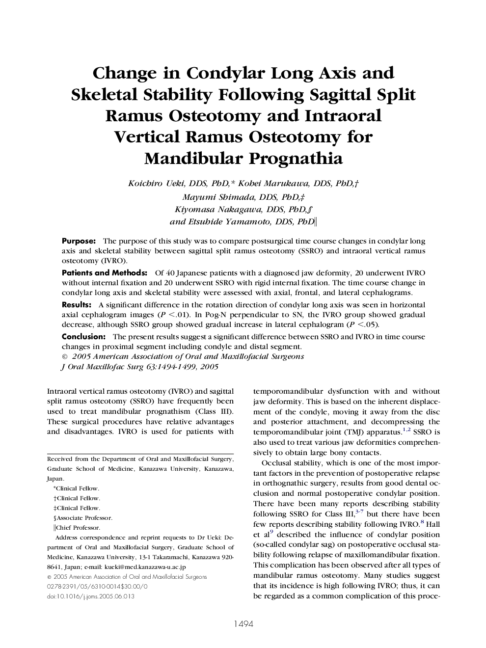 Change in Condylar Long Axis and Skeletal Stability Following Sagittal Split Ramus Osteotomy and Intraoral Vertical Ramus Osteotomy for Mandibular Prognathia