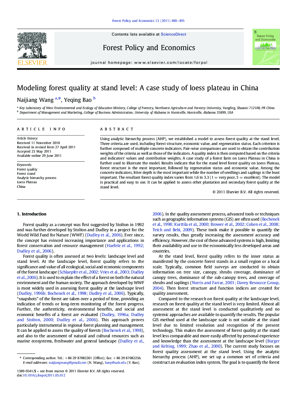 Modeling forest quality at stand level: A case study of loess plateau in China