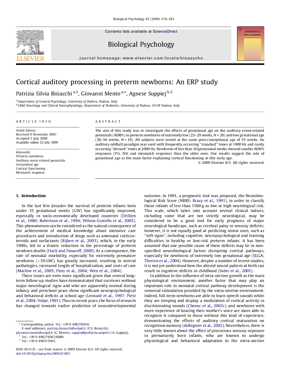 Cortical auditory processing in preterm newborns: An ERP study