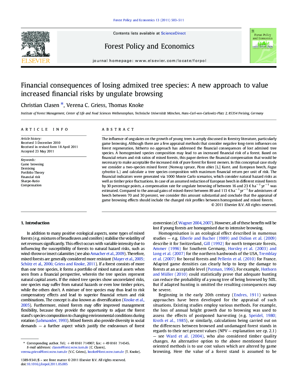 Financial consequences of losing admixed tree species: A new approach to value increased financial risks by ungulate browsing