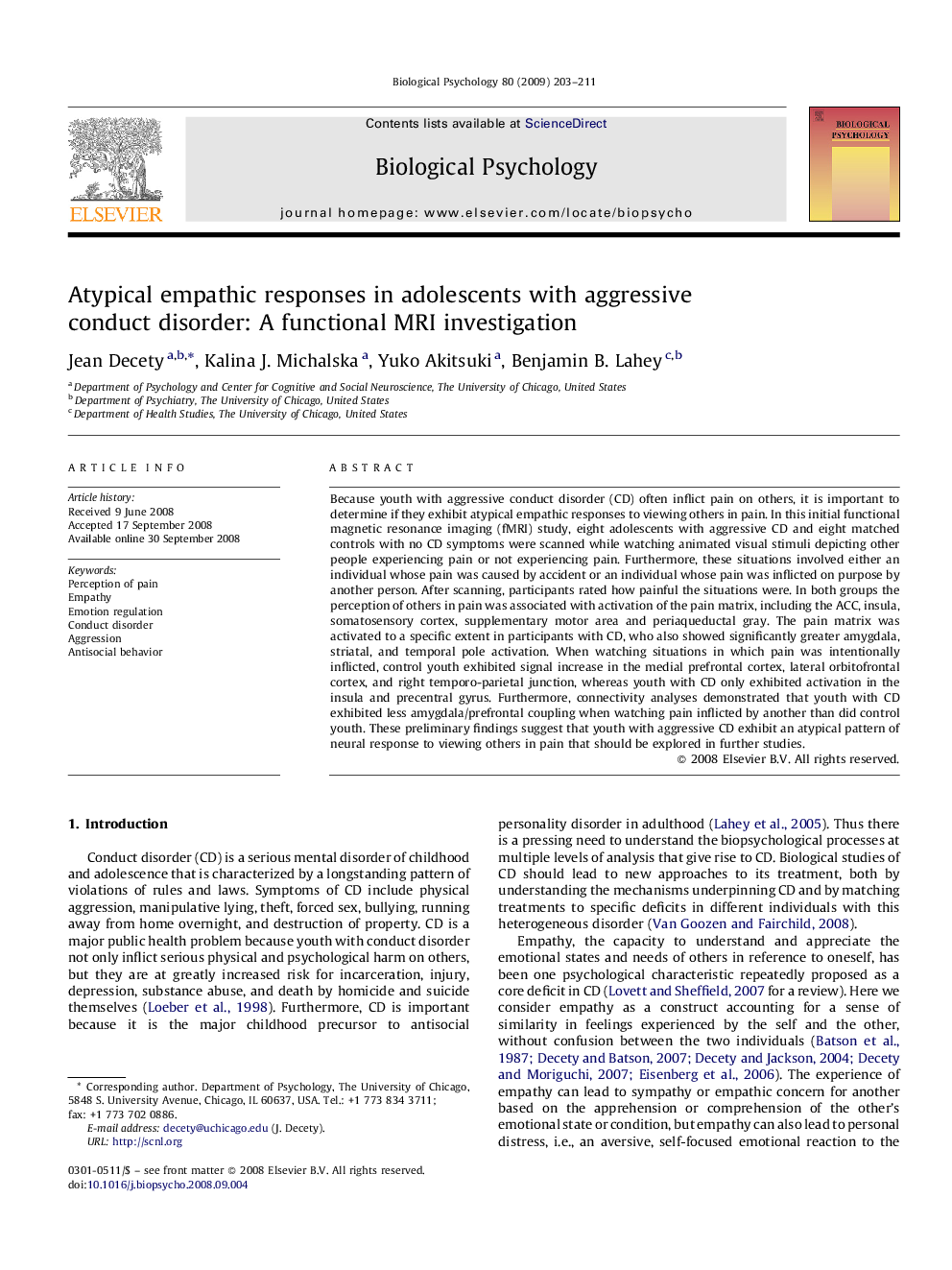 Atypical empathic responses in adolescents with aggressive conduct disorder: A functional MRI investigation