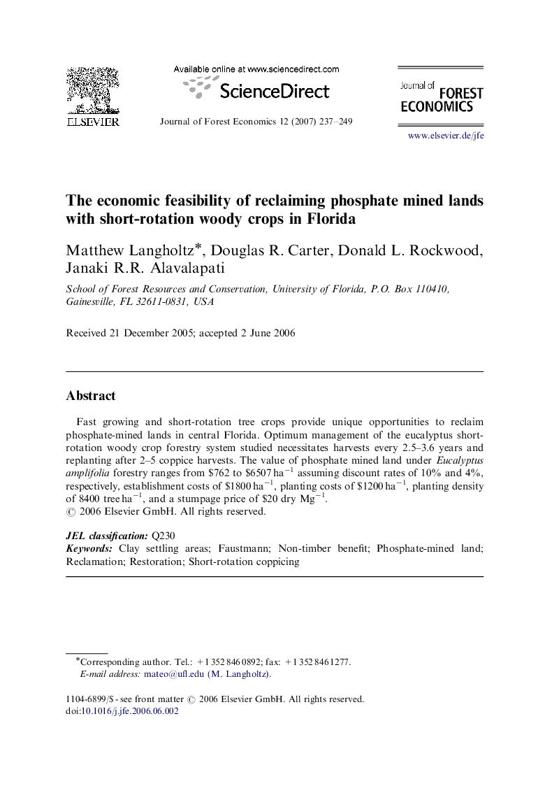 The economic feasibility of reclaiming phosphate mined lands with short-rotation woody crops in Florida
