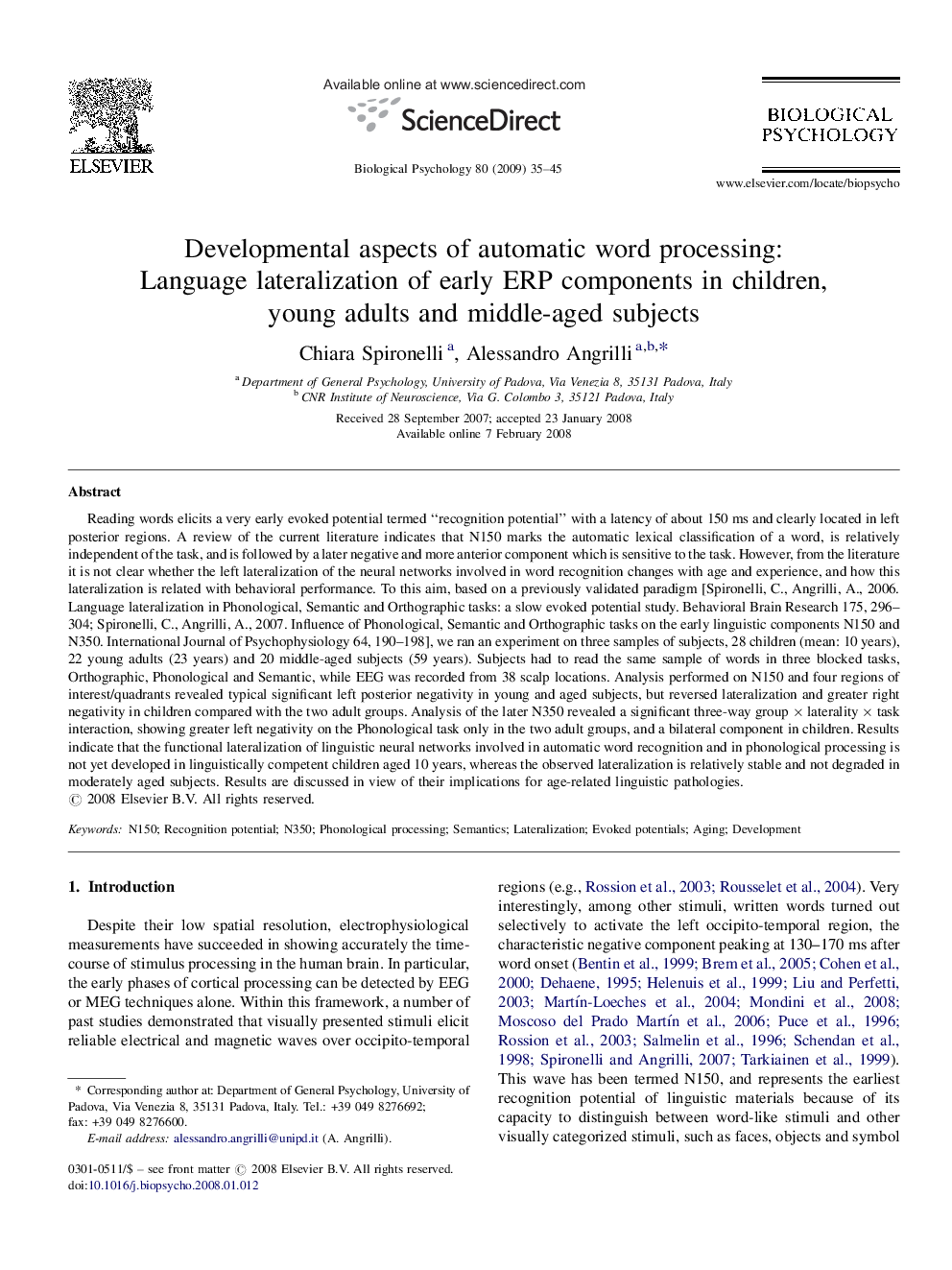 Developmental aspects of automatic word processing: Language lateralization of early ERP components in children, young adults and middle-aged subjects