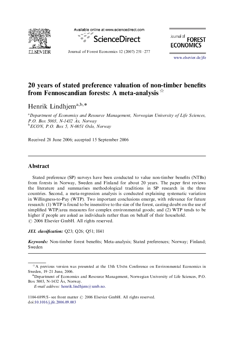 20 years of stated preference valuation of non-timber benefits from Fennoscandian forests: A meta-analysis 