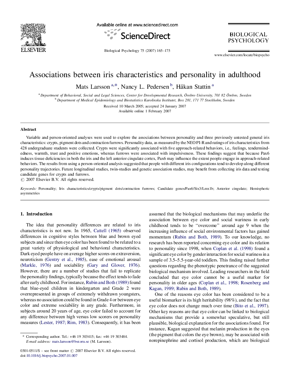 Associations between iris characteristics and personality in adulthood