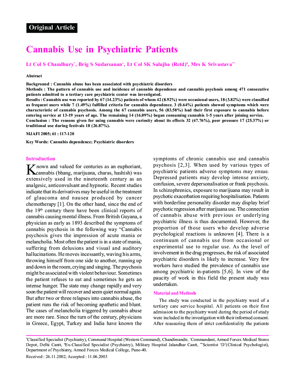 Cannabis Use in Psychiatrie Patients