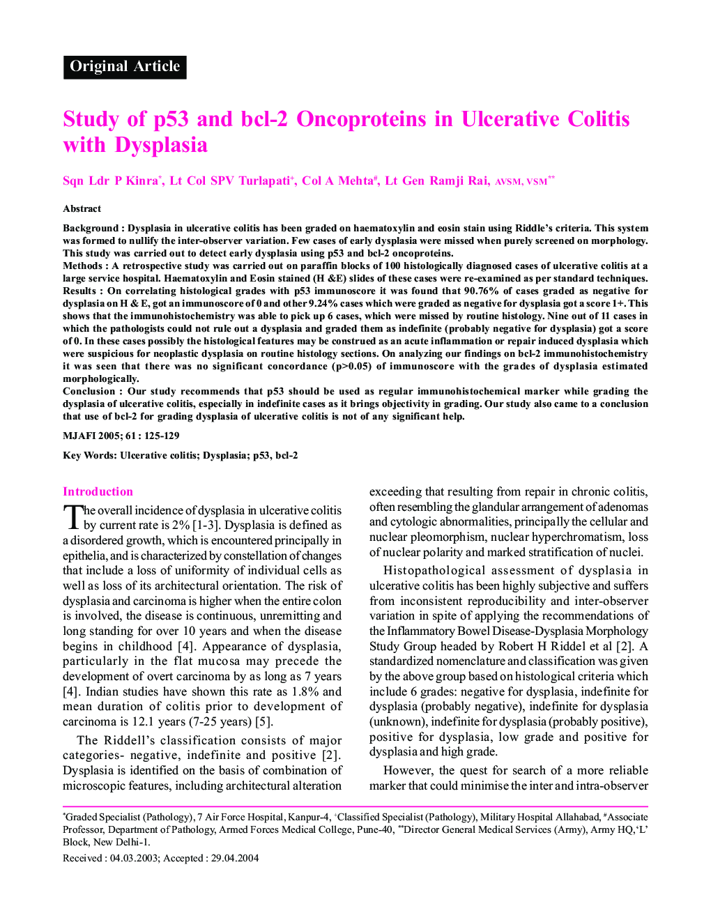 Study of p53 and bcl-2 Oncoproteins in Ulcerative Colitis with Dysplasia